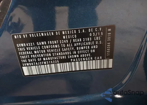 2015 Volkswagen Jetta 1.8T Se from USA, damaged, VIN 3VWD07AJ2FM315225